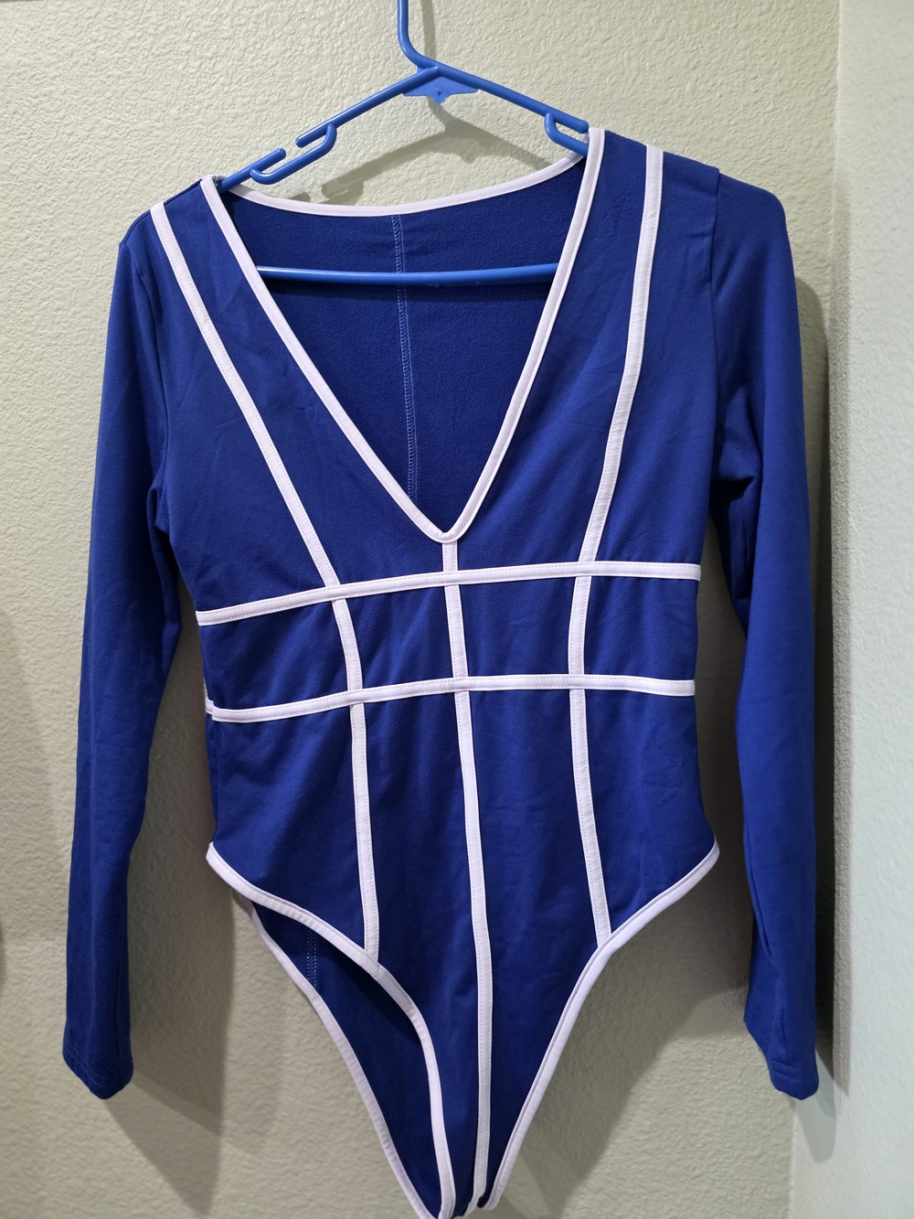 Royal Blue Long-Sleeve Bodysuit with White Trim